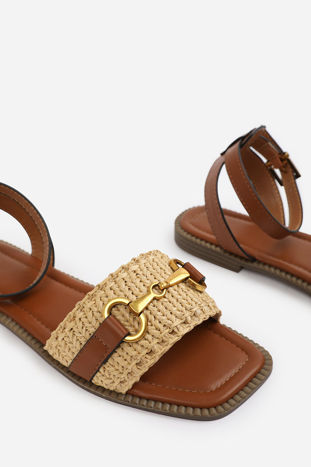 Norina Tan Wide Fit Woven Flat Sandals With Snaffle Detail