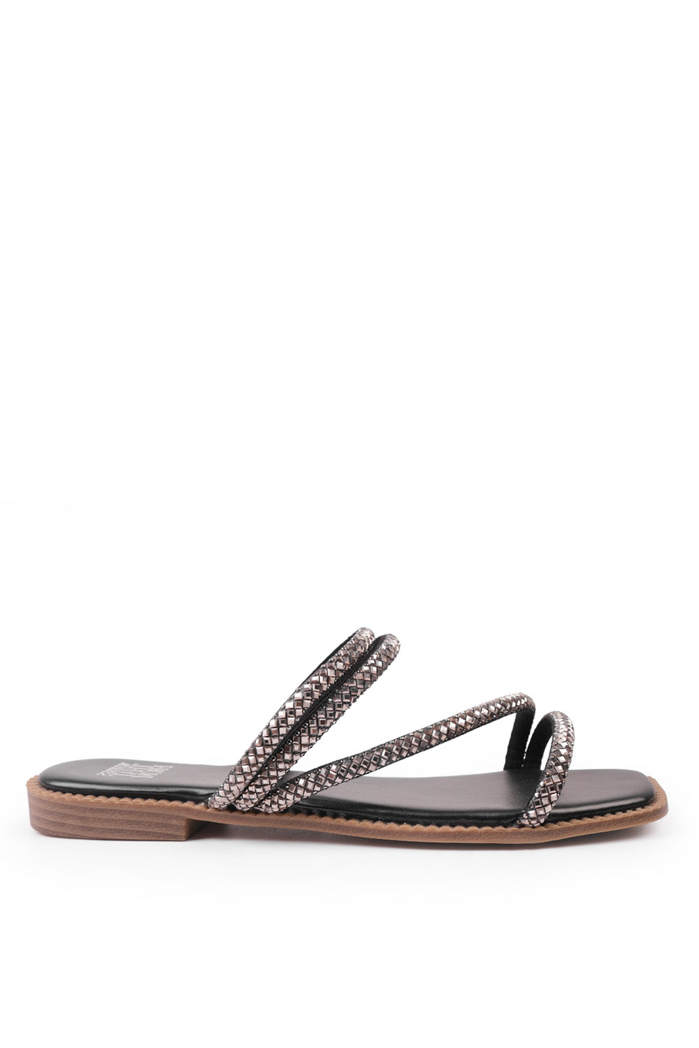 ANTONIA STRAPPY FLAT SLIDER SANDALS WITH DIAMANTE DETAIL IN BLACK FAUX LEATHER