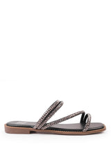 ANTONIA STRAPPY FLAT SLIDER SANDALS WITH DIAMANTE DETAIL IN BLACK FAUX LEATHER