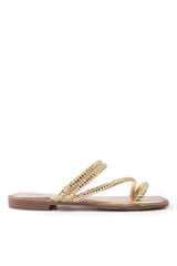 DREAM STRAPPY FLAT SLIDER SANDALS WITH DIAMANTE DETAIL IN GOLD FAUX LEATHER