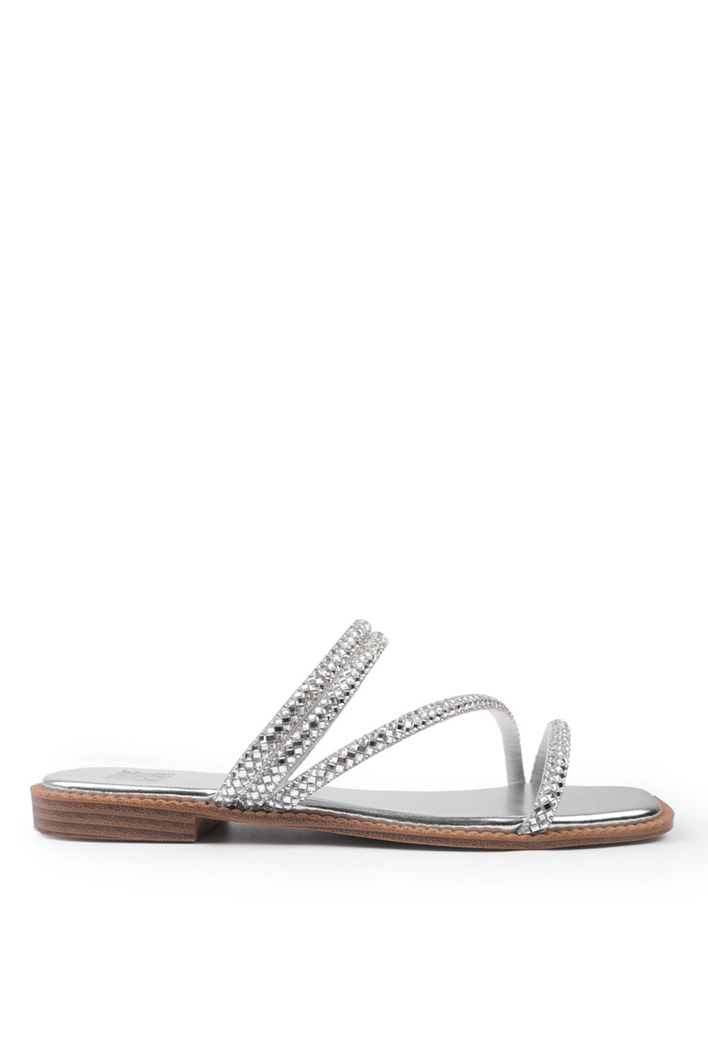ANTONIA STRAPPY FLAT SLIDER SANDALS WITH DIAMANTE DETAIL IN SILVER FAUX LEATHER