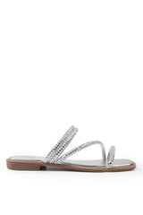 ANTONIA STRAPPY FLAT SLIDER SANDALS WITH DIAMANTE DETAIL IN SILVER FAUX LEATHER