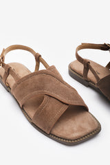 Cavina Square Toe Camel Suede Slingback Sandals