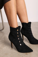 Tara Black Suede Stiletto Heel Ankle Boots With Gold Detail