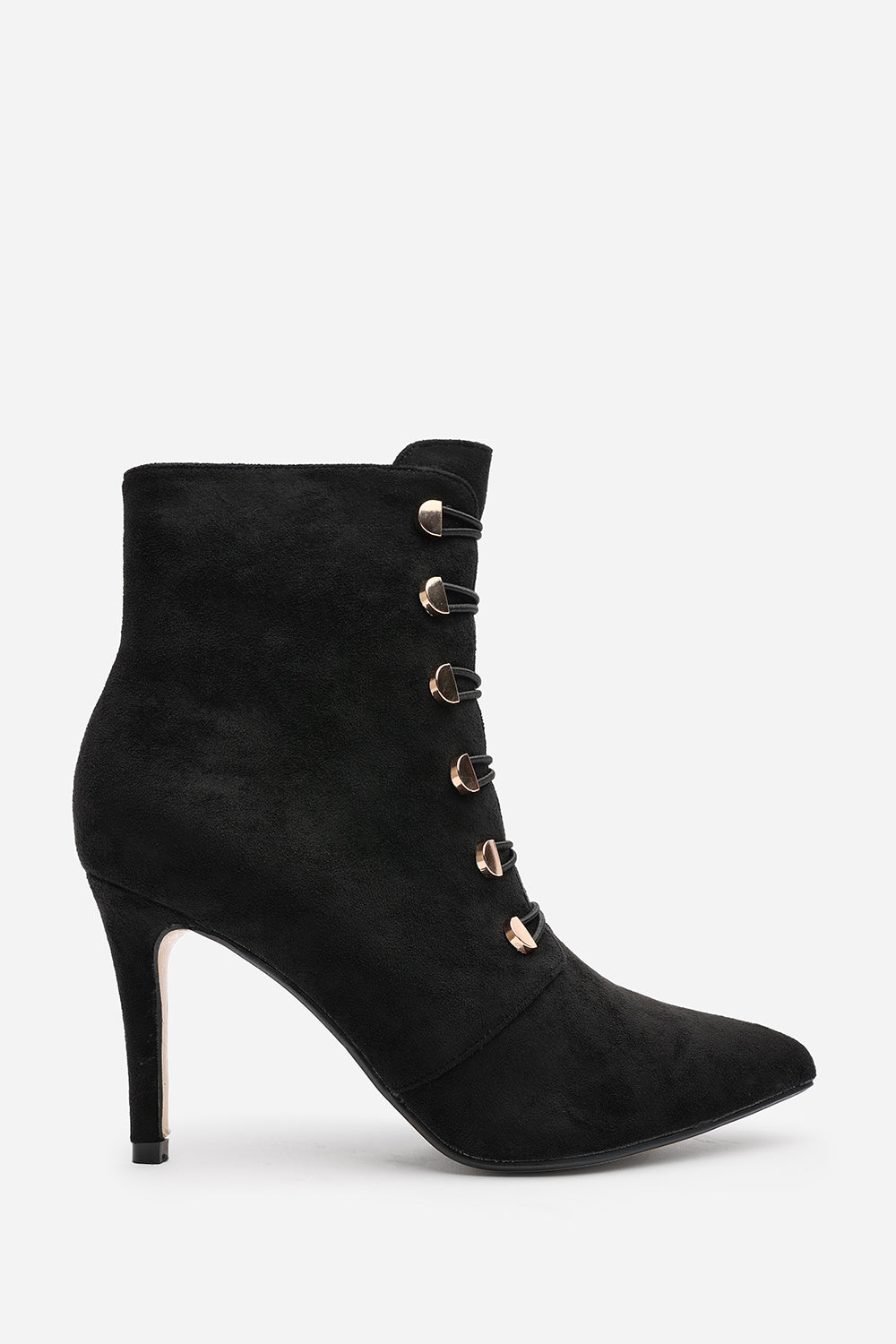 Tara Black Suede Stiletto Heel Ankle Boots With Gold Detail