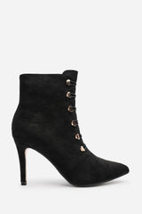 Tara Black Suede Stiletto Heel Ankle Boots With Gold Detail