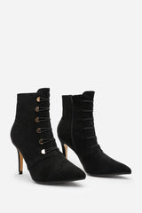 Tara Black Suede Stiletto Heel Ankle Boots With Gold Detail