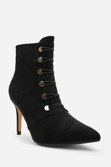 Tara Black Suede Stiletto Heel Ankle Boots With Gold Detail