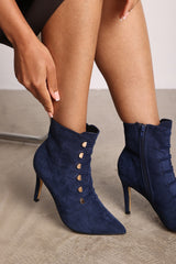 Tara Navy Suede Stiletto Heel Ankle Boots With Gold Detail