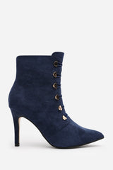 Tara Navy Suede Stiletto Heel Ankle Boots With Gold Detail
