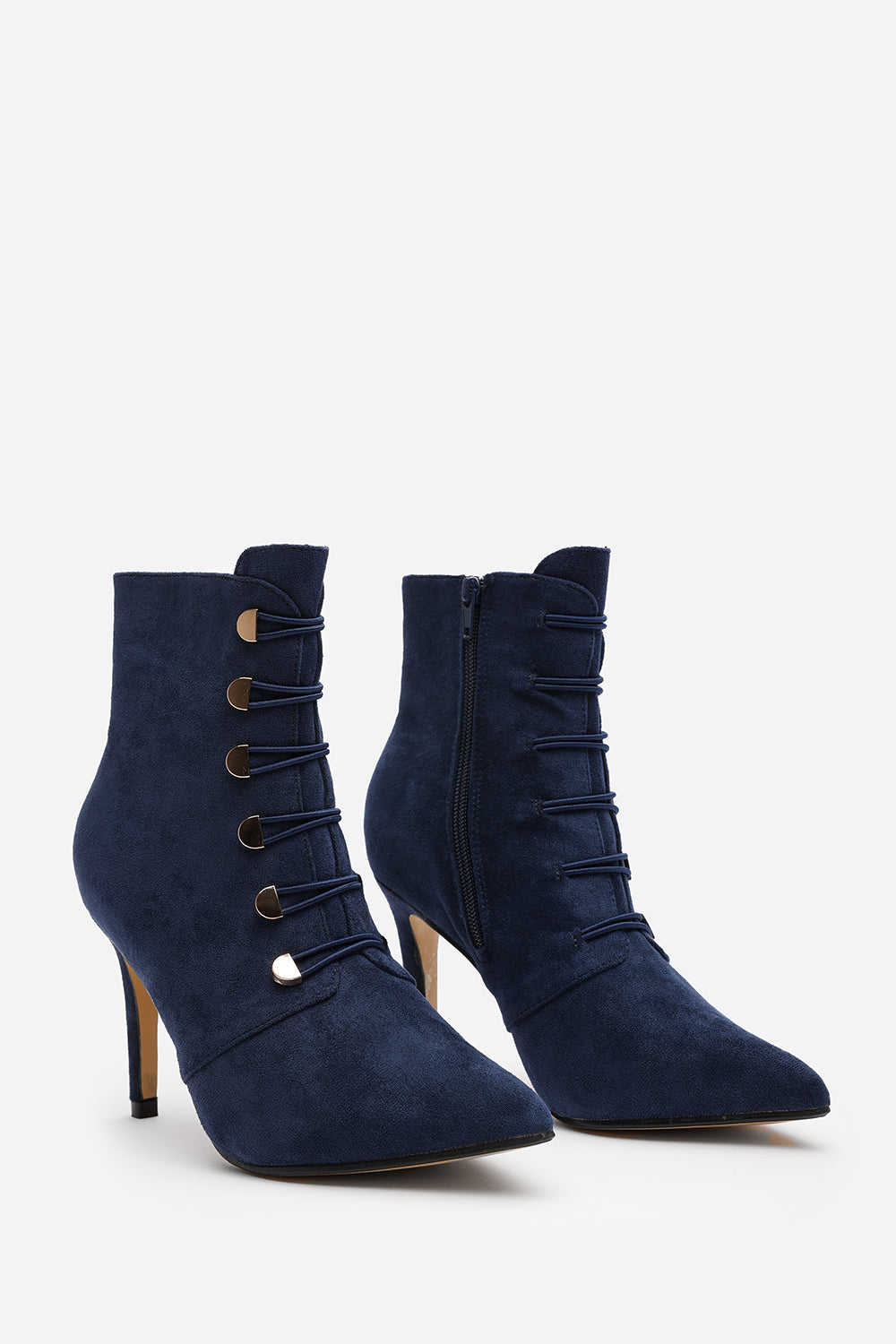 Tara Navy Suede Stiletto Heel Ankle Boots With Gold Detail
