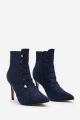 Tara Navy Suede Stiletto Heel Ankle Boots With Gold Detail
