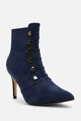 Tara Navy Suede Stiletto Heel Ankle Boots With Gold Detail