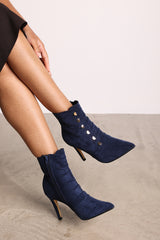 Tara Navy Suede Stiletto Heel Ankle Boots With Gold Detail