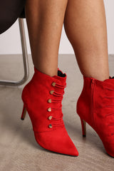 Tara Red Suede Stiletto Heel Ankle Boots With Gold Detail