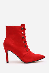 Tara Red Suede Stiletto Heel Ankle Boots With Gold Detail
