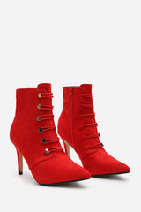 Tara Red Suede Stiletto Heel Ankle Boots With Gold Detail