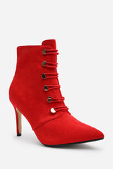 Tara Red Suede Stiletto Heel Ankle Boots With Gold Detail