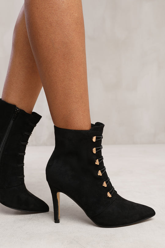 BLYTHE POINTED TOE MID HEEL ANKLE BOOTS WITH GOLD BUTTONS IN BLACK FAUX SUEDE