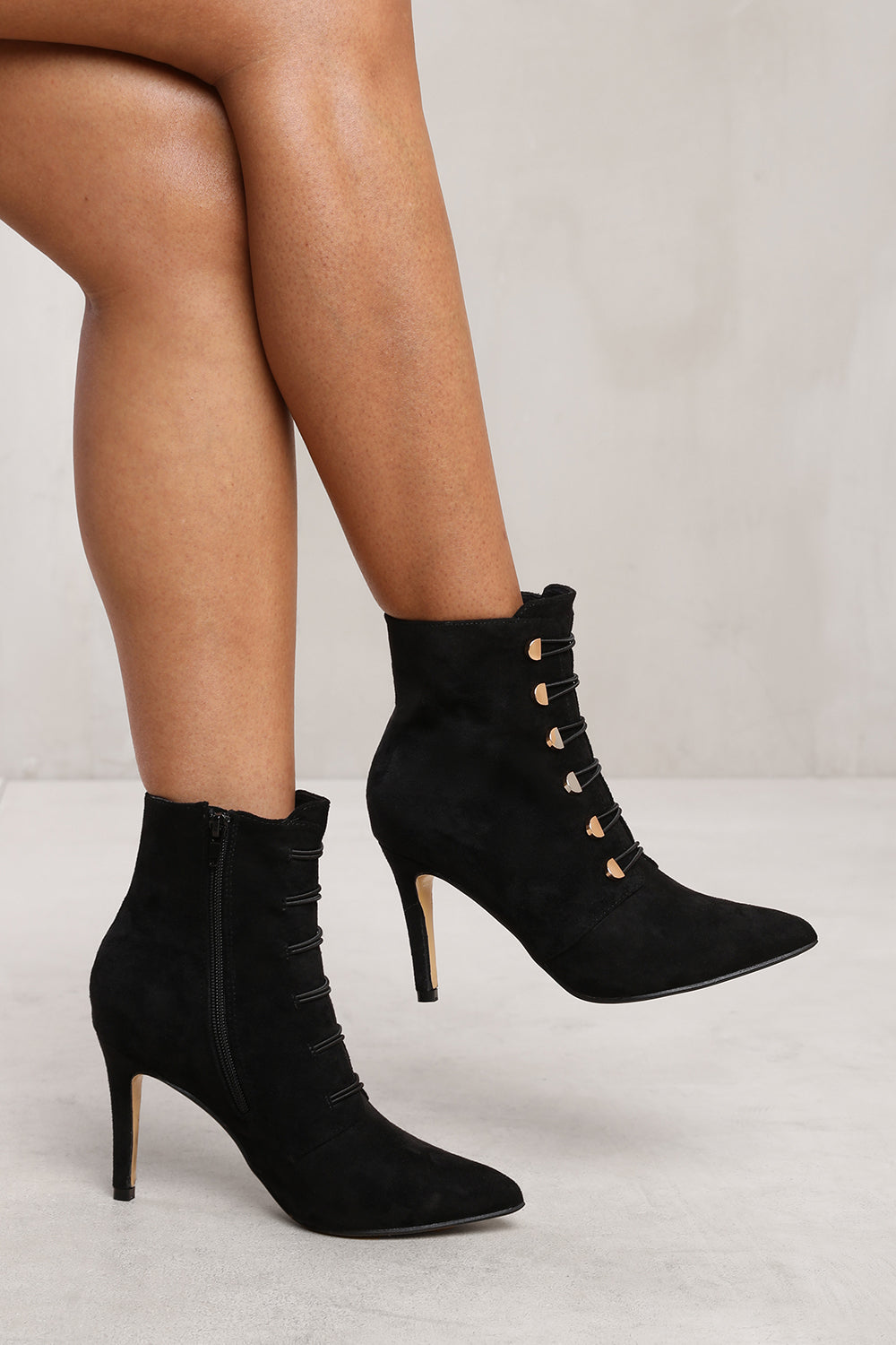 TILDA POINTED TOE MID HEEL ANKLE BOOTS WITH GOLD BUTTONS IN BLACK