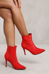 TILDA POINTED TOE MID HEEL ANKLE BOOTS WITH GOLD BUTTONS IN RED