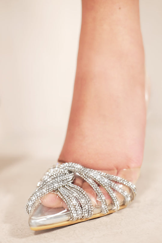 ORIEL PERSPEX POINTED TOE HIGH HEELS WITH DIAMANTE STRAPS IN MOON SILVER PATENT FAUX LEATHER