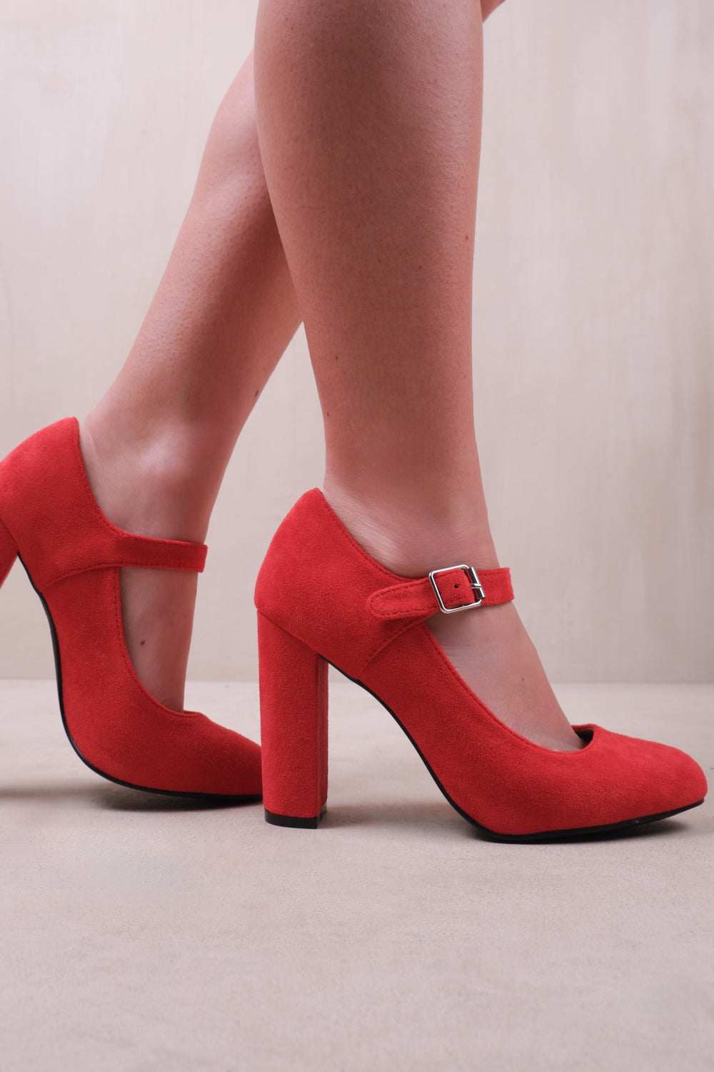 MICHELLE BLOCK HIGH HEEL PUMP WITH FRONT BUCKLE STRAP IN ROUGE RED SUEDE