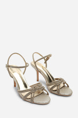 Pexina Wide Fit Diamante Knot Strappy Heels In Light Gold Shimmer