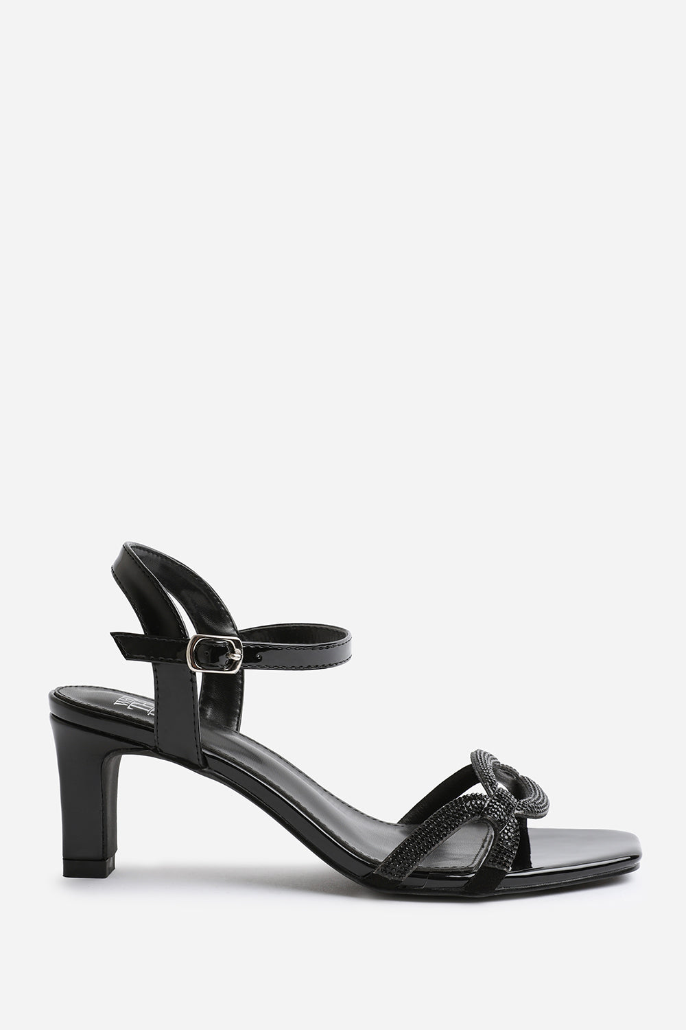 MILENA SQUARE TOE LOW BLOCK HEEL WITH DIAMANTE STRAP DETAIL IN BLACK FAUX LEATHER