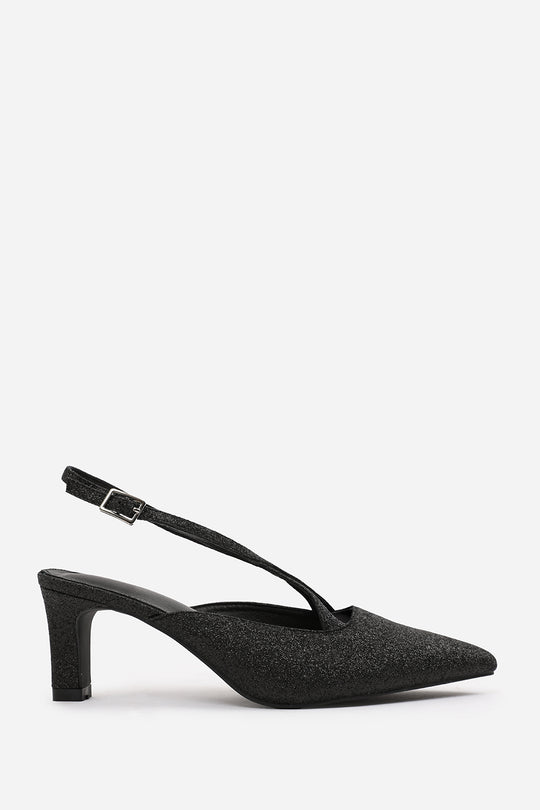 AUSTEN WIDE FIT POINTED TOE LOW BLOCK HEEL WITH CROSS OVER ANKLE STRAP IN BLACK FINE GLITTER