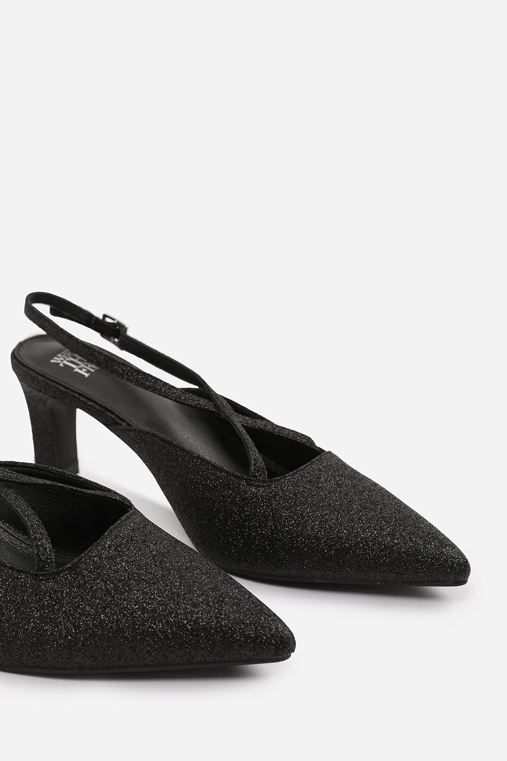 AUSTEN WIDE FIT POINTED TOE LOW BLOCK HEEL WITH CROSS OVER ANKLE STRAP IN BLACK FINE GLITTER