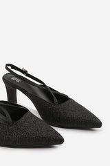 AUSTEN WIDE FIT POINTED TOE LOW BLOCK HEEL WITH CROSS OVER ANKLE STRAP IN BLACK FINE GLITTER