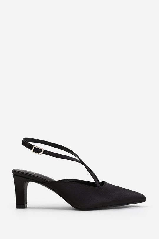 AUSTEN WIDE FIT POINTED TOE LOW BLOCK HEEL WITH CROSS OVER ANKLE STRAP IN BLACK SATIN