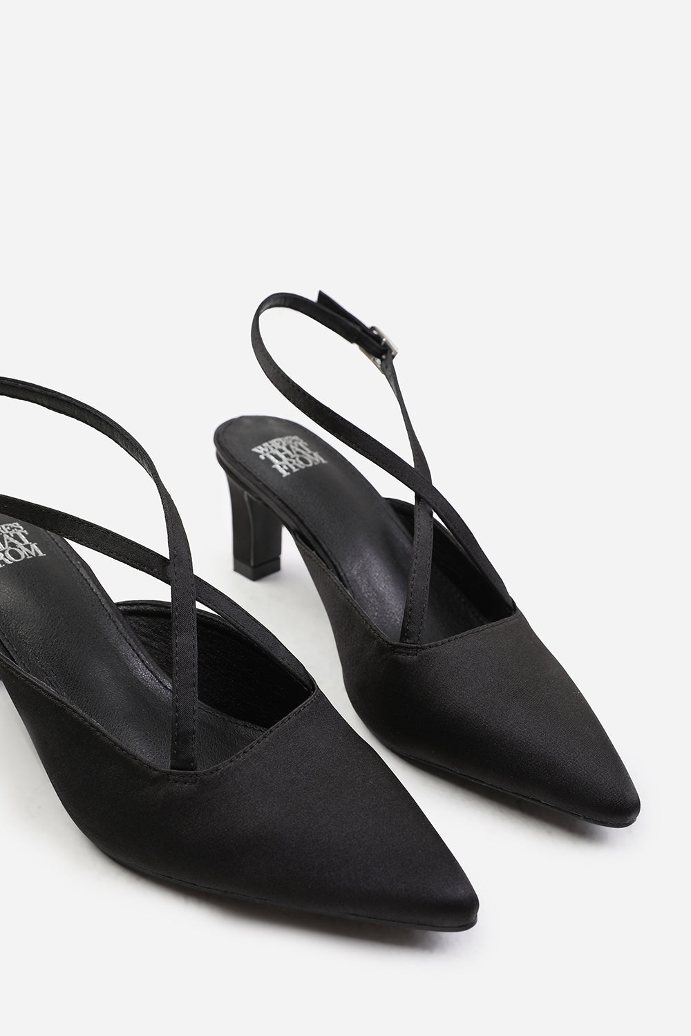 AUSTEN WIDE FIT POINTED TOE LOW BLOCK HEEL WITH CROSS OVER ANKLE STRAP IN BLACK SATIN