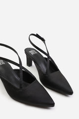 AUSTEN WIDE FIT POINTED TOE LOW BLOCK HEEL WITH CROSS OVER ANKLE STRAP IN BLACK SATIN