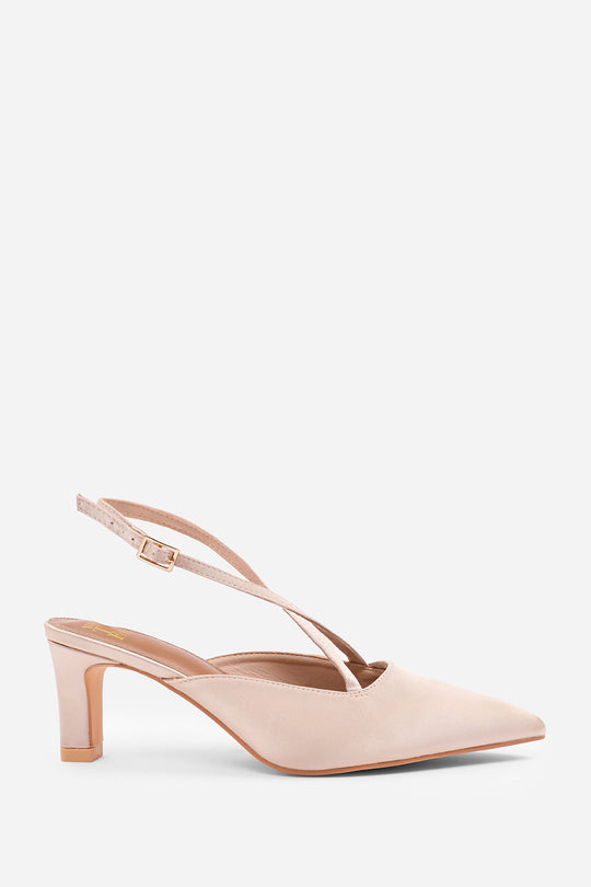 AUSTEN WIDE FIT POINTED TOE LOW BLOCK HEEL WITH CROSS OVER ANKLE STRAP IN CHAMPAGNE SATIN