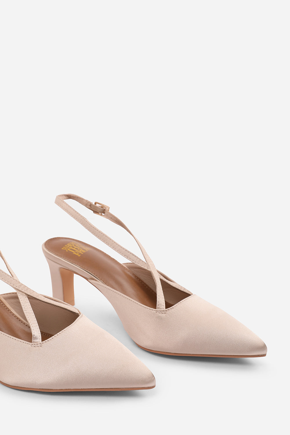 SERNA WIDE FIT POINTED TOE LOW BLOCK HEEL WITH CROSS OVER ANKLE STRAP IN CHAMPAGNE SATIN