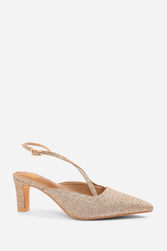 AUSTEN WIDE FIT POINTED TOE LOW BLOCK HEEL WITH CROSS OVER ANKLE STRAP IN GOLD FINE GLITTER