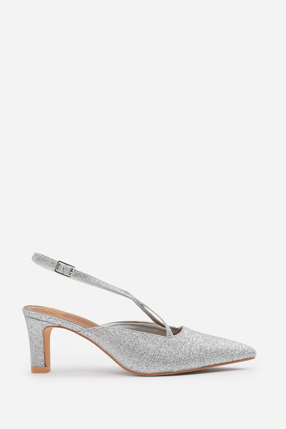 AUSTEN POINTED TOE LOW BLOCK HEEL WITH CROSS OVER ANKLE STRAP IN SILVER FINE GLITTER