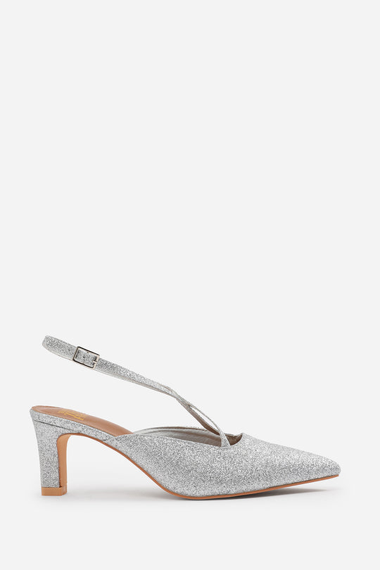 AUSTEN WIDE FIT POINTED TOE LOW BLOCK HEEL WITH CROSS OVER ANKLE STRAP IN SILVER FINE GLITTER