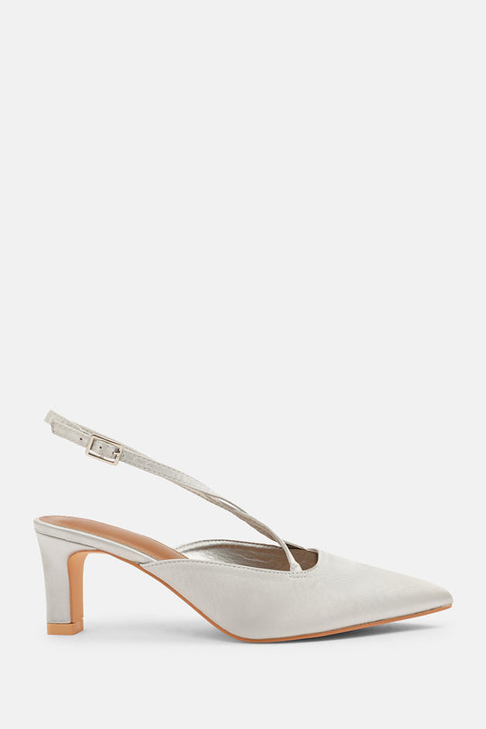 AUSTEN WIDE FIT POINTED TOE LOW BLOCK HEEL WITH CROSS OVER ANKLE STRAP IN SILVER SATIN