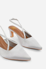 SERNA POINTED TOE LOW BLOCK HEEL WITH CROSS OVER ANKLE STRAP IN SILVER SATIN