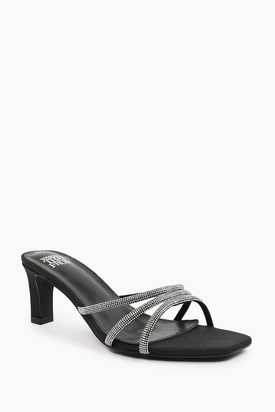 PENELOPE WIDE FIT SQUARE TOE LOW BLOCK HEEL WITH DIAMANTE STRAP DETAIL IN BLACK SATIN
