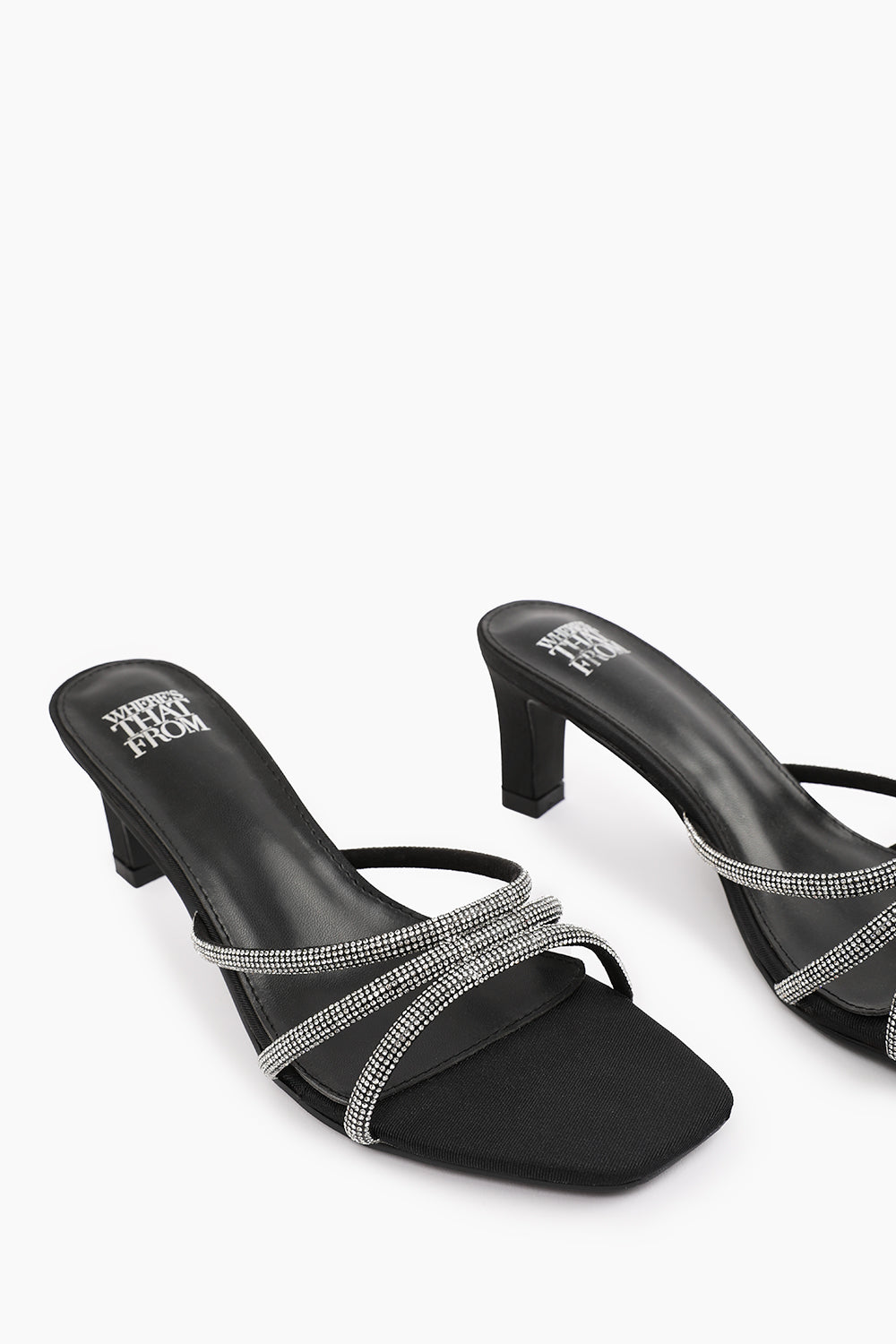 PENELOPE WIDE FIT SQUARE TOE LOW BLOCK HEEL WITH DIAMANTE STRAP DETAIL IN BLACK SATIN