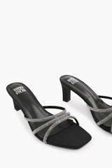 PENELOPE WIDE FIT SQUARE TOE LOW BLOCK HEEL WITH DIAMANTE STRAP DETAIL IN BLACK SATIN