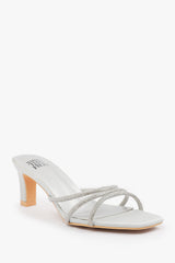 ABIA SQUARE TOE LOW BLOCK HEEL WITH DIAMANTE STRAP DETAIL IN SILVER SATIN