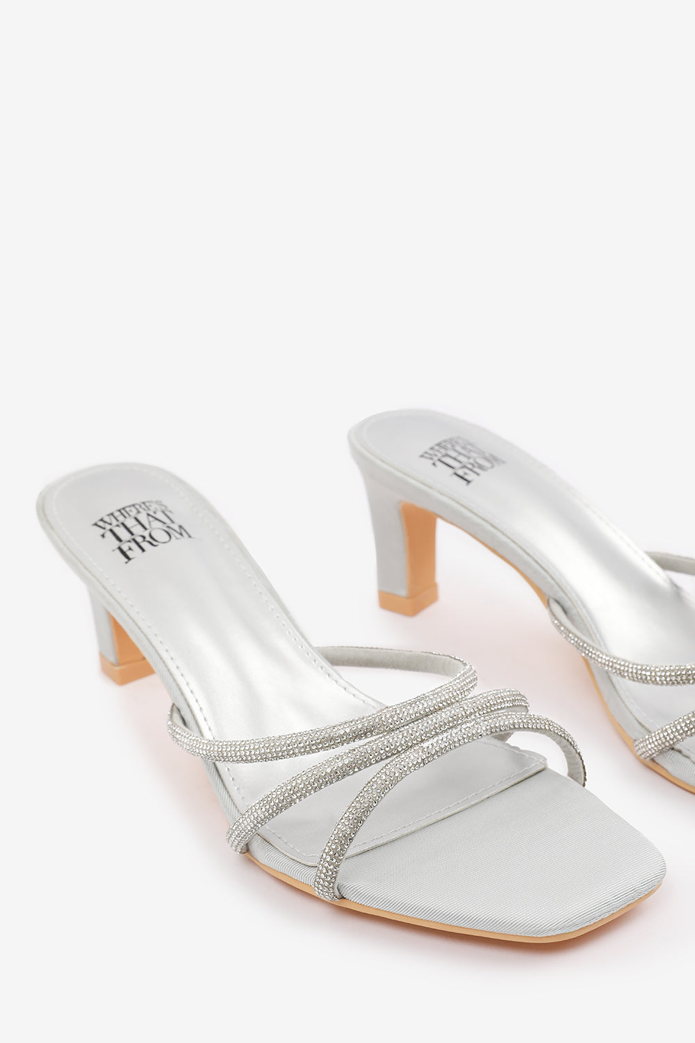 ABIA SQUARE TOE LOW BLOCK HEEL WITH DIAMANTE STRAP DETAIL IN SILVER SATIN