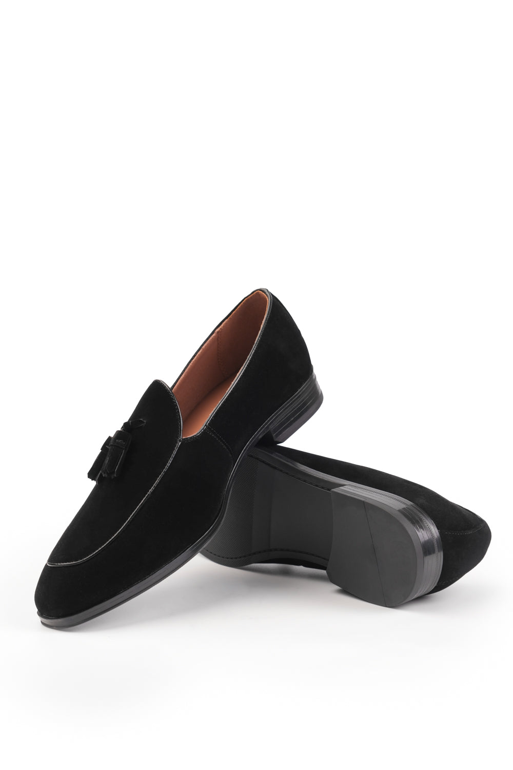 ALBERT SLIP ON TASSEL LOAFERS IN BLACK SUEDE