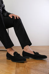 ALBERT SLIP ON TASSEL LOAFERS IN BLACK SUEDE