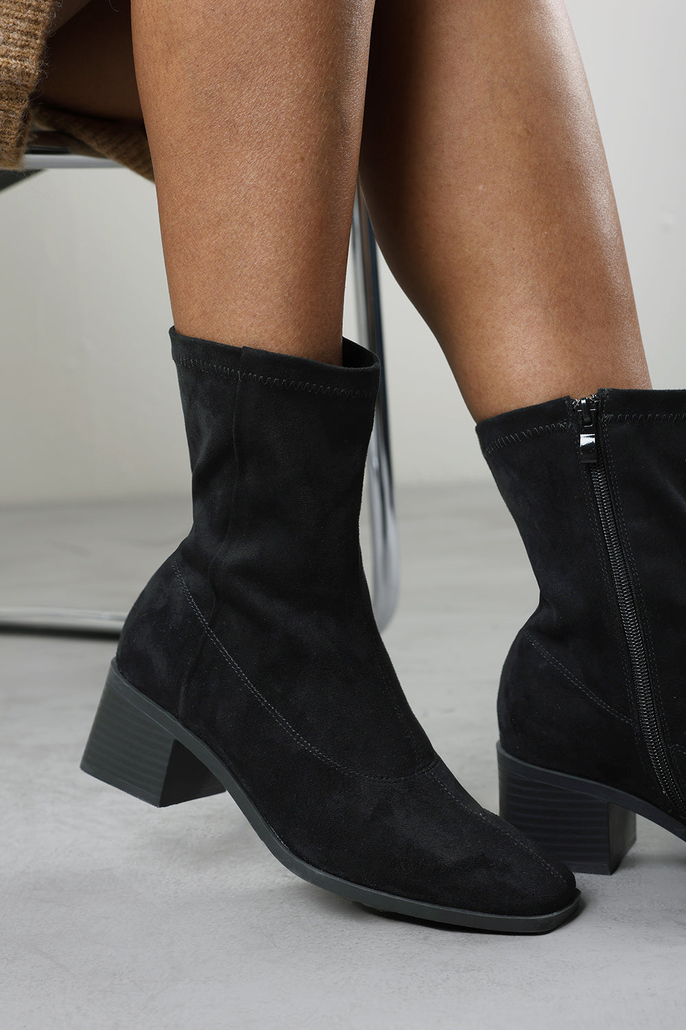 Fioren Black Faux Suede Square Low Block Heel Stretch Ankle Sock Boot